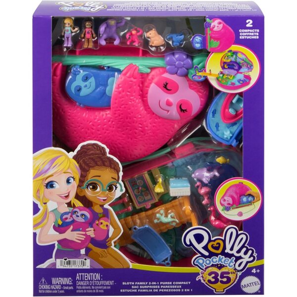 Polly Pocket 2-in-1-Boxset Die Faultierfamilie mit 12 Zubehörteilen und 2 Minifiguren