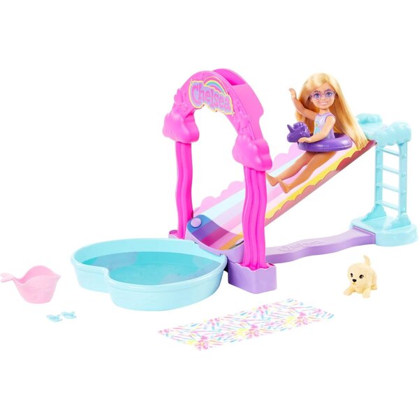 Barbie Chelsea Rainbow Water Toboggan mit Puppen und Chiot, Spiele für Kinder ab 3 Jahren