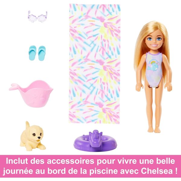 Barbie Chelsea Rainbow Water Toboggan mit Puppen und Chiot, Spiele für Kinder ab 3 Jahren
