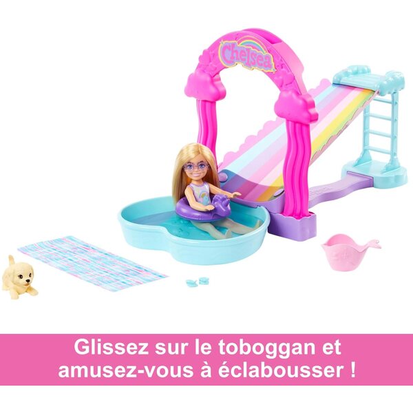 Barbie Chelsea Rainbow Water Toboggan mit Puppen und Chiot, Spiele für Kinder ab 3 Jahren