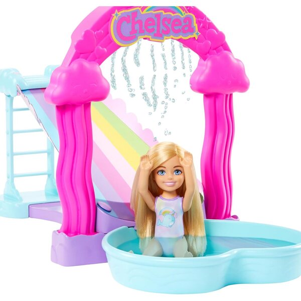 Barbie Chelsea Rainbow Water Toboggan mit Puppen und Chiot, Spiele für Kinder ab 3 Jahren