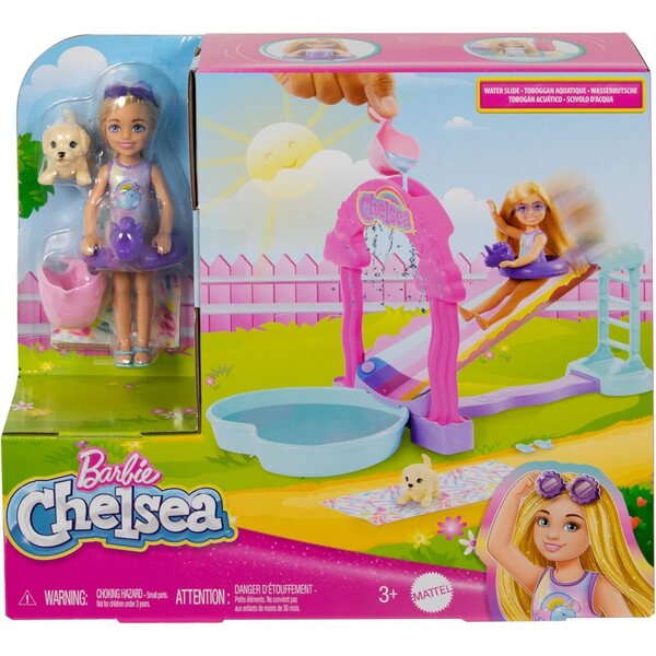 Barbie Chelsea Rainbow Water Toboggan mit Puppen und Chiot, Spiele für Kinder ab 3 Jahren