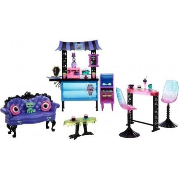 Monster High Ghoul Cafe Box mit 20 Zubehörteilen und 2 Tieren – Kinderspiele