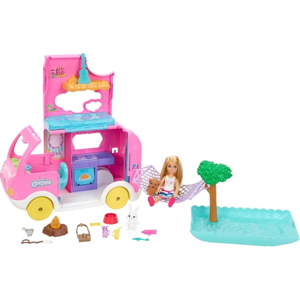 Barbie Chelsea Camping-Car 2-in-1 mit verwandelbarem Fahrzeug, 15 Zubehörteilen und 2 Tieren