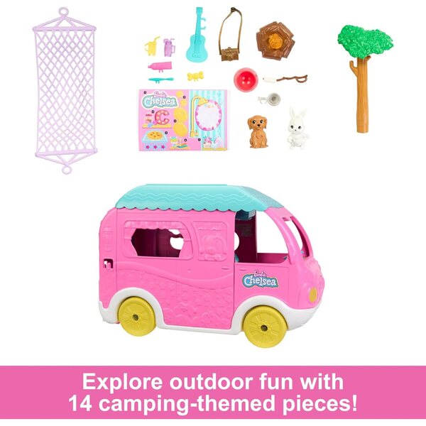Barbie Chelsea Camping-Car 2-in-1 mit verwandelbarem Fahrzeug, 15 Zubehörteilen und 2 Tieren