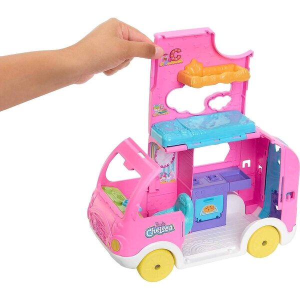 Barbie Chelsea Camping-Car 2-in-1 mit verwandelbarem Fahrzeug, 15 Zubehörteilen und 2 Tieren