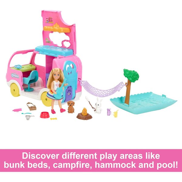 Barbie Chelsea Camping-Car 2-in-1 mit verwandelbarem Fahrzeug, 15 Zubehörteilen und 2 Tieren