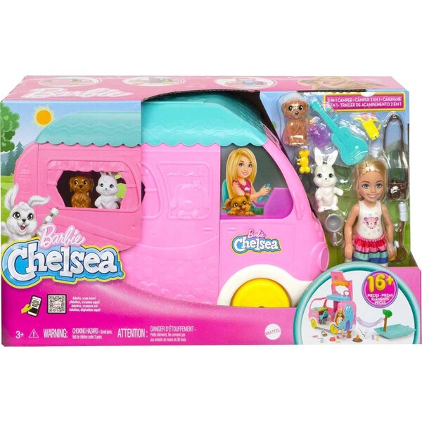 Barbie Chelsea Camping-Car 2-in-1 mit verwandelbarem Fahrzeug, 15 Zubehörteilen und 2 Tieren