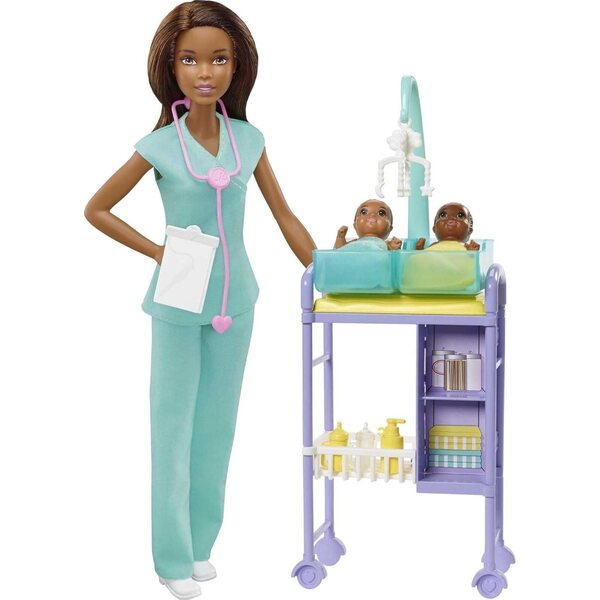 Barbie Pédiatre mit medizinischem Zubehör, 2 Babys und Kinderuntersuchungstisch