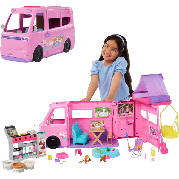 Barbie Dream Campingwagen mit Zelt, farbwechselndem Grill und über 60 Zubehörteilen