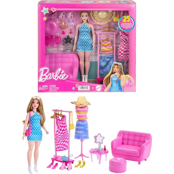 Barbie Cofanetto Séance d’Essayage con Abiti, Accessori e 32 Elementi di Gioco per Bambini
