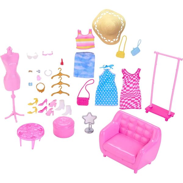 Barbie Cofanetto Séance d’Essayage con Abiti, Accessori e 32 Elementi di Gioco per Bambini