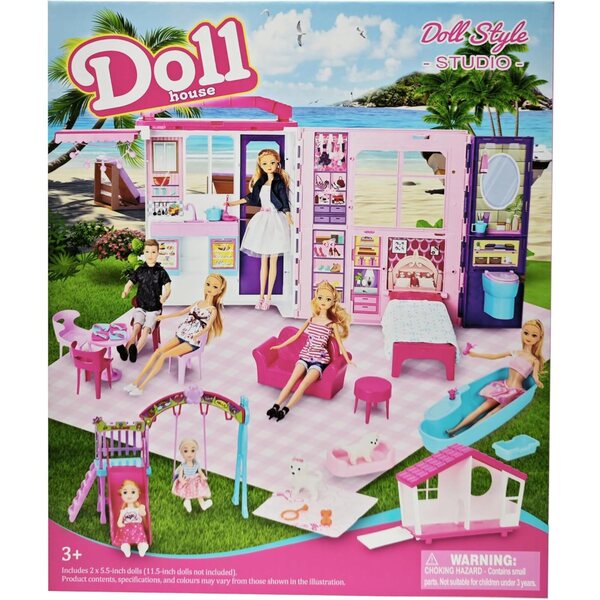 Casa delle bambole pieghevole 6 in 1 con 60 accessori, 2 bambole e giochi all'aperto