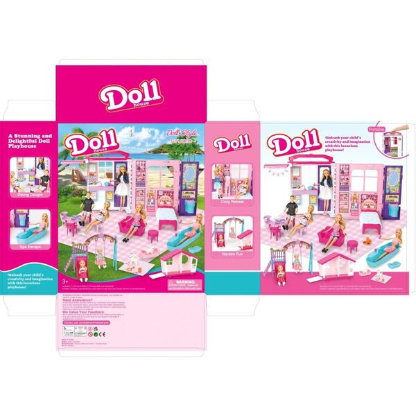 Casa delle bambole pieghevole 6 in 1 con 60 accessori, 2 bambole e giochi all'aperto