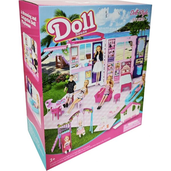 Casa delle bambole pieghevole 6 in 1 con 60 accessori, 2 bambole e giochi all'aperto