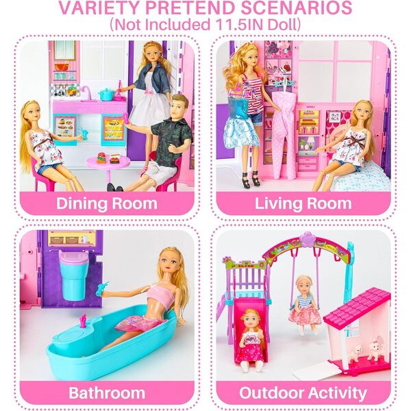 Casa delle bambole pieghevole 6 in 1 con 60 accessori, 2 bambole e giochi all'aperto