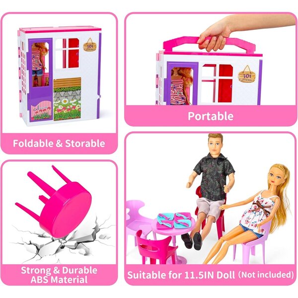 Casa delle bambole pieghevole 6 in 1 con 60 accessori, 2 bambole e giochi all'aperto