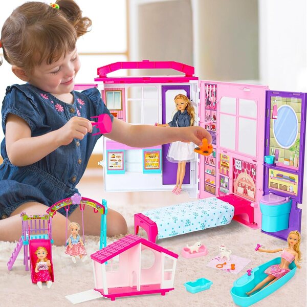 Casa delle bambole pieghevole 6 in 1 con 60 accessori, 2 bambole e giochi all'aperto