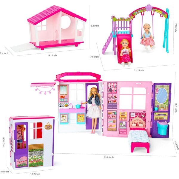 Casa delle bambole pieghevole 6 in 1 con 60 accessori, 2 bambole e giochi all'aperto