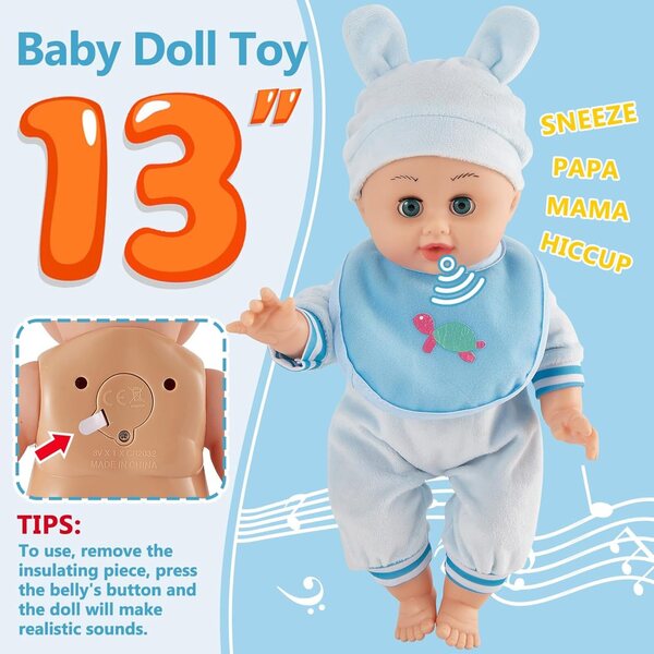 Baby Doll Interattiva HERSITY 33 cm con 12 Suoni e Accessori per Bambini da 2 a 4 Anni