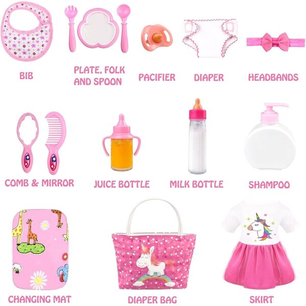 BNUZEIYI Kit di accessori per bambole da 36-42 cm e 18'' con borsa per pannolini, biberon e vestiti