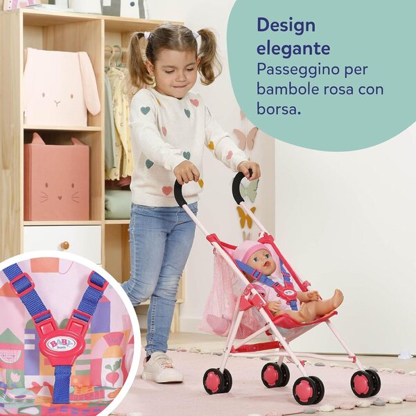BABY born rosa faltbarer Kinderwagen mit Tasche und 3-Punkt-Sicherheitsgurt