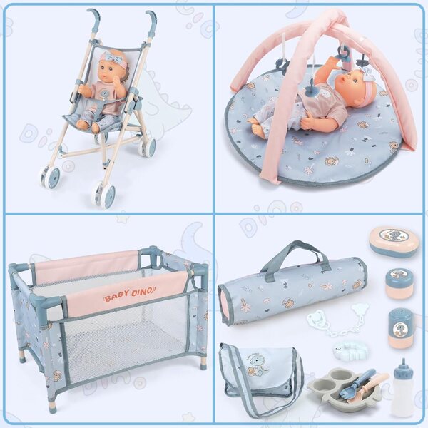 12-Zoll-Babypuppen-Set mit Kinderwagen, Kinderbett, Hochstuhl und komplettem Zubehör