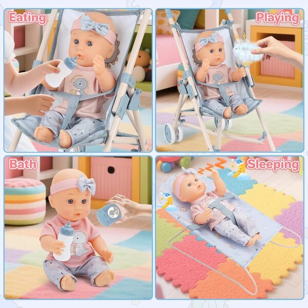 12-Zoll-Babypuppen-Set mit Kinderwagen, Kinderbett, Hochstuhl und komplettem Zubehör