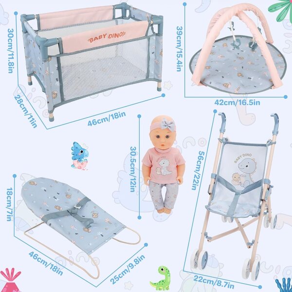 12-Zoll-Babypuppen-Set mit Kinderwagen, Kinderbett, Hochstuhl und komplettem Zubehör