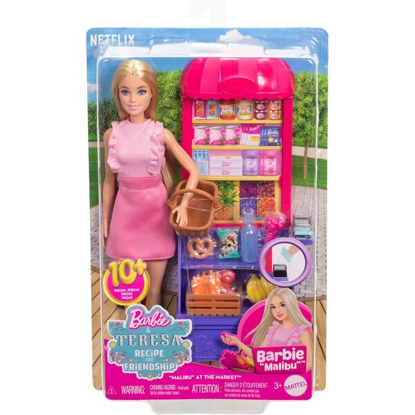 Barbie Cofanetto 'Malibu' al Mercato con bambole e 11 Accessori a Tema Cena