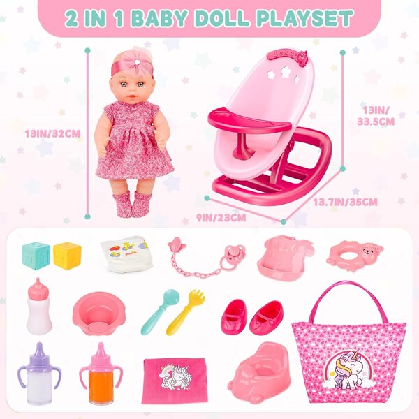 Set Accessori per Bambole con Letto e Sedia a Dondolo per Gioco di Cura Bambini 12in