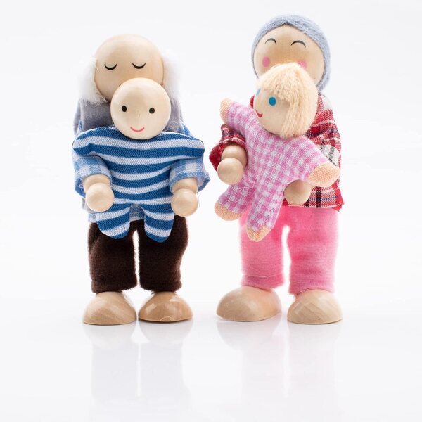 Familienset aus Holzpuppen mit Katze und Hund für Puppenhaus, Rollenspiel