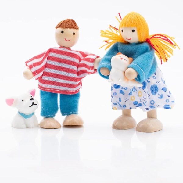 Familienset aus Holzpuppen mit Katze und Hund für Puppenhaus, Rollenspiel