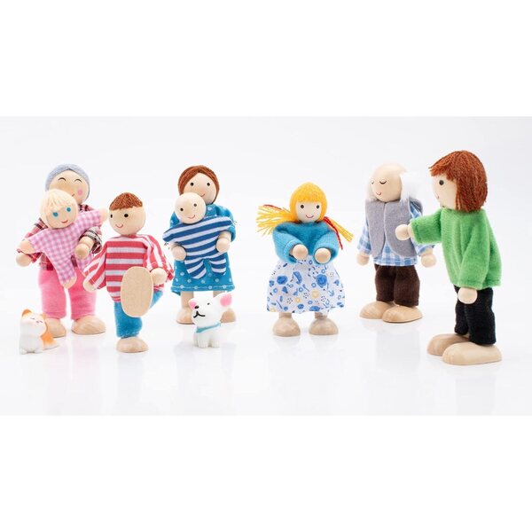 Familienset aus Holzpuppen mit Katze und Hund für Puppenhaus, Rollenspiel