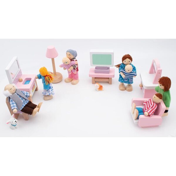 Familienset aus Holzpuppen mit Katze und Hund für Puppenhaus, Rollenspiel