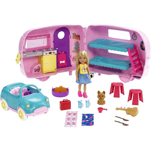 Barbie Chelsea con Caravana e Accessori – Set Campeggio con Mini-bambole e Chiot