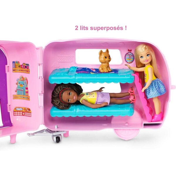 Barbie Chelsea mit Wohnwagen und Zubehör – Camping-Set mit Mini-Puppen und Chiot