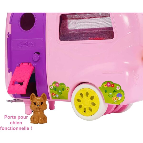Barbie Chelsea mit Wohnwagen und Zubehör – Camping-Set mit Mini-Puppen und Chiot