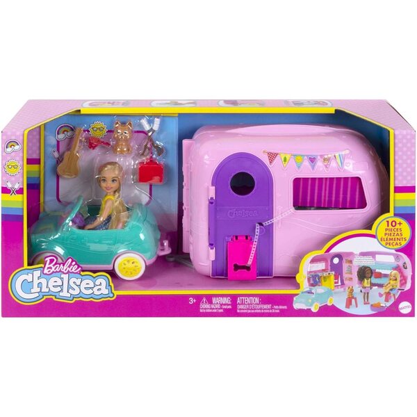 Barbie Chelsea mit Wohnwagen und Zubehör – Camping-Set mit Mini-Puppen und Chiot
