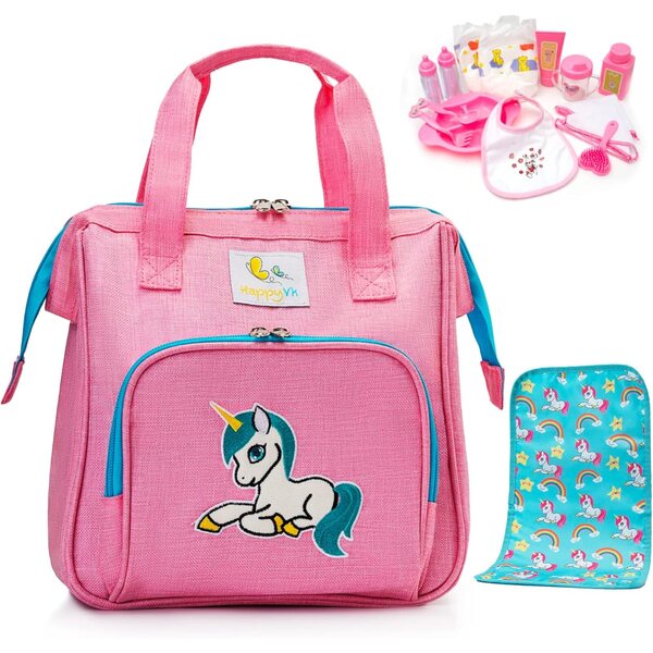 HappyVk Sac à Langer bambole con Accessori Baby - Design Licorne Ricamato per Bambine