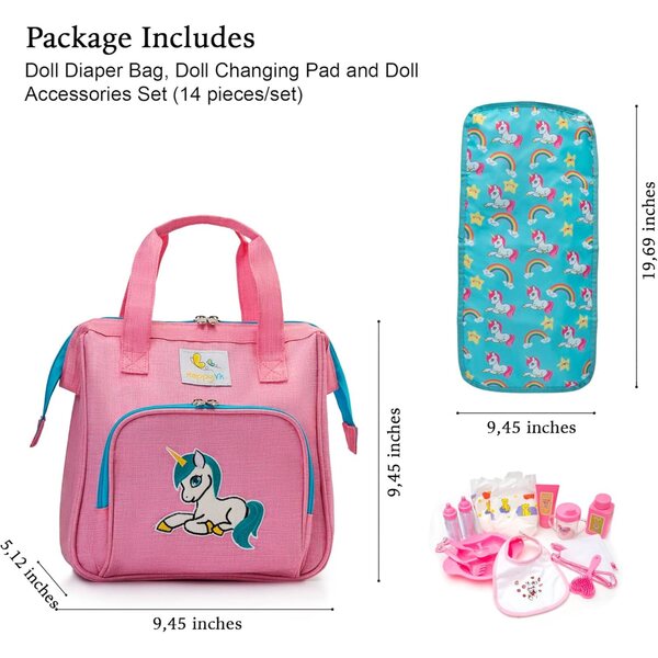 HappyVk Sac à Langer bambole con Accessori Baby - Design Licorne Ricamato per Bambine
