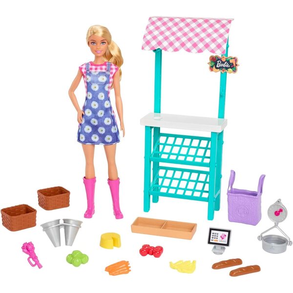 Barbie-Bauernmarkt mit blonder Puppe und Zubehör – Spiel für Kinder ab 3 Jahren