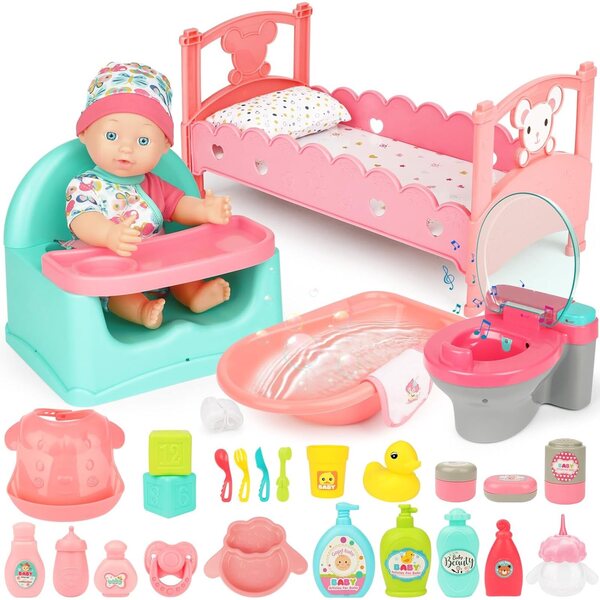 deAO Set 37 pezzi per bambole e accessori: vasca, biberon, articoli toilette e gioco completo