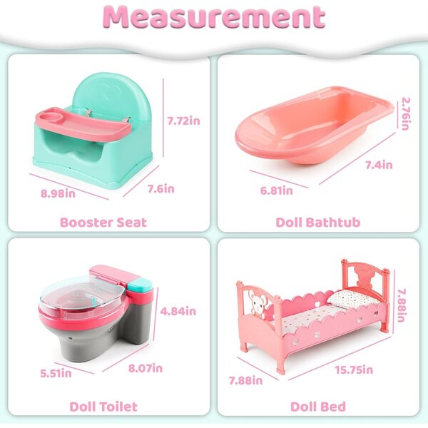 deAO Set 37 pezzi per bambole e accessori: vasca, biberon, articoli toilette e gioco completo