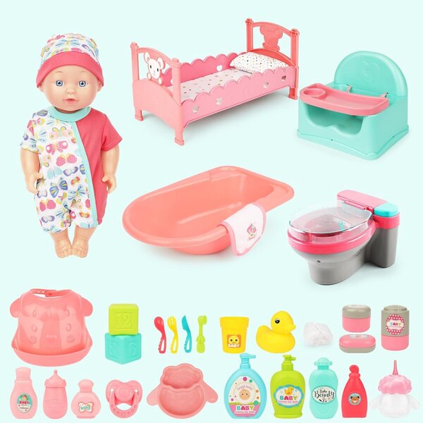 deAO Set 37 pezzi per bambole e accessori: vasca, biberon, articoli toilette e gioco completo