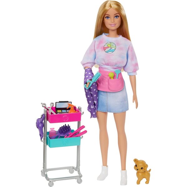Barbie Malibu stilista con 14 accessori di moda e trucco, chiot e carrello
