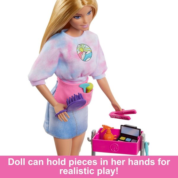Barbie Malibu stilista con 14 accessori di moda e trucco, chiot e carrello