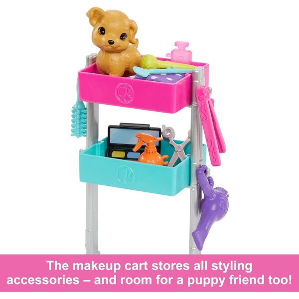 Barbie Malibu stilista con 14 accessori di moda e trucco, chiot e carrello