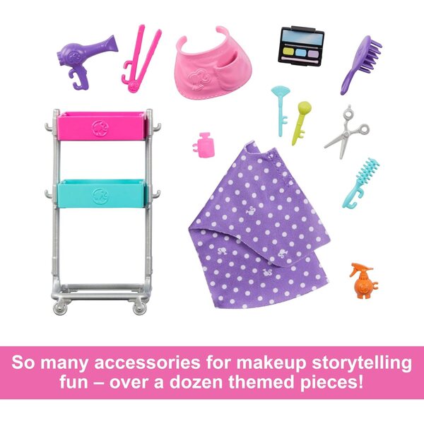 Barbie Malibu stilista con 14 accessori di moda e trucco, chiot e carrello
