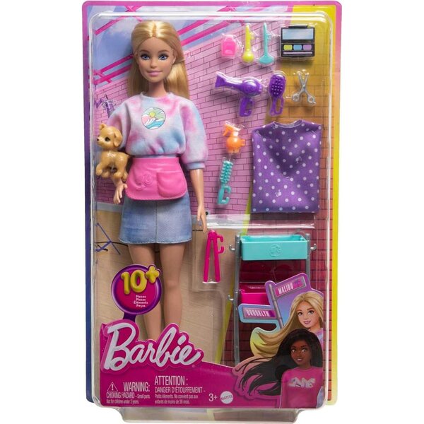 Barbie Malibu stilista con 14 accessori di moda e trucco, chiot e carrello